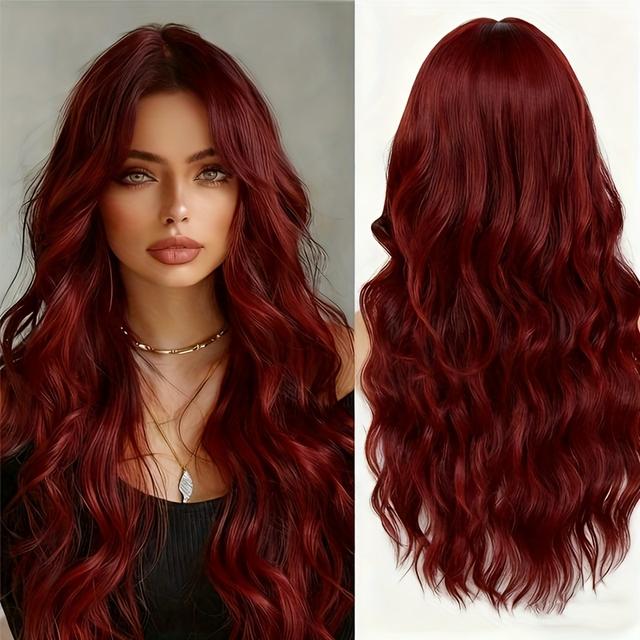 TEMU 28-inch Burgundy Deep Wave Wig - & Retro Hair For Christmas Party, Wedding, Prom - Soft Comfortable With Netting Suitable For All Light Beige Tones & Occasions