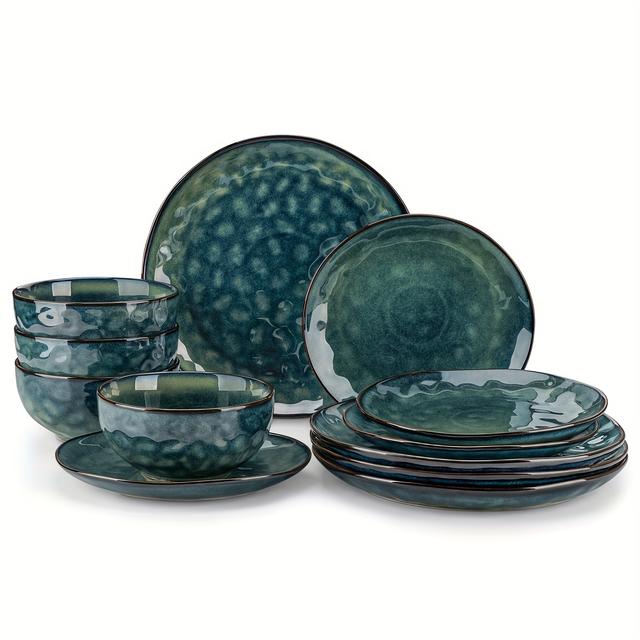 TEMU 12 Piece Dinner Set Green Stoneware Round Plate Bowl Set Kiln Change Glaze Service For 4