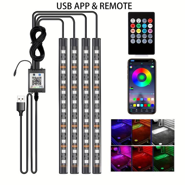 TEMU شريط إضاءة داخلية للسيارة LED نيون مع جهاز تحكم عن بعد وتطبيق - طقم إضاءة RGB تحت لوحة القيادة، ضوء نهاري، بطارية غير قابلة للشحن