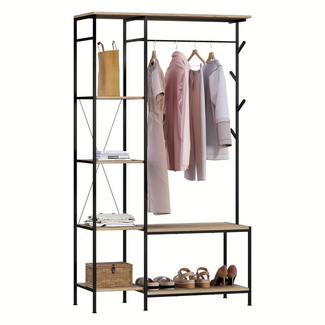 TEMU 1pc Portemanteau sur pied avec banc, design multifonctionnel 3 en 1 avec 4 étagères, 4 crochets et 1 porte-manteau, dimensions 100x175x40 cm, noir