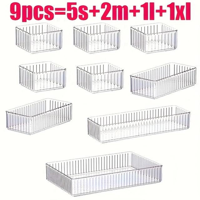TEMU 9pcs Plastic Transparent Storage Box, Drawer Built-in Storage Box, Transparent Drawer Divider Organizer, Dresser Cosmetic Skincare Finishing Box, Sundries Storage Container