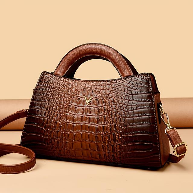 TEMU Fashionable Crocodile Pattern Leather Messenger Bag - Solid Color Large Capacity Handbag With Zipper Closure, Polyester Lined, Edge Paint Detail, Versatile For Travel & Commute