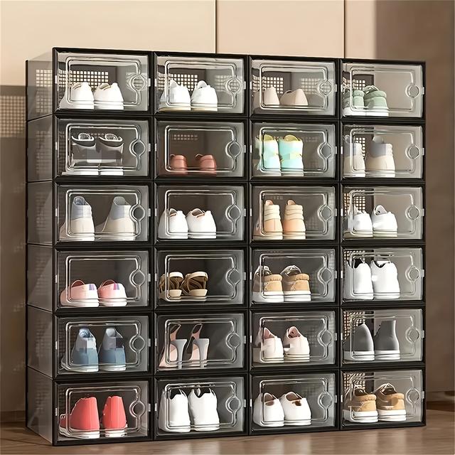 TEMU Shoe Organizer, 12/24 Pack Clear Plastic Stackable Shoe Organizer For Closet, Interlocking Design Shoe Container For Sneakers, Collapsible Shoe Rack With Lid