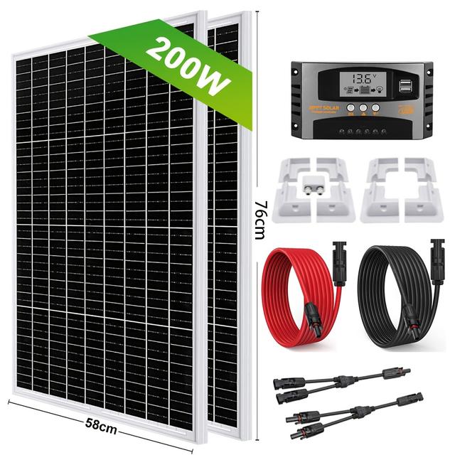 TEMU 200w Solar Panel Kit Mounting Bracket Rv Solar Charging Controller + Solar Cable + Bracket + Extension Cord Suitable For Rv, Rv, Home, Etc
