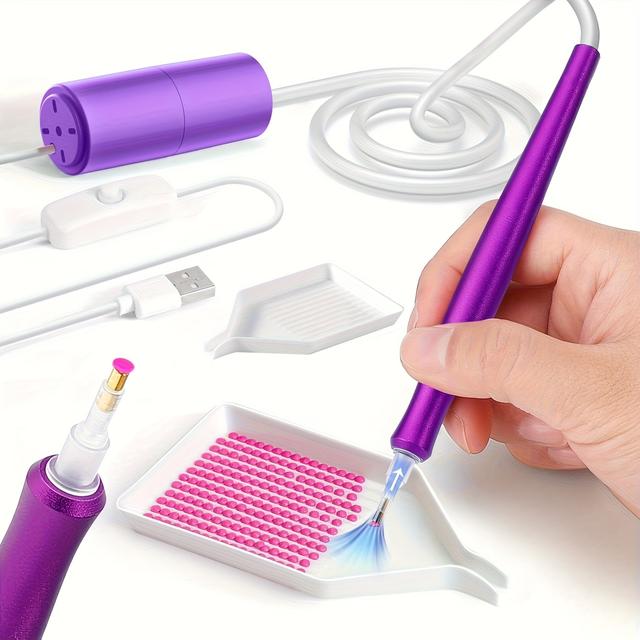 TEMU Electric Diamond Painting Tool, Required, Vacuum Pen For With Storage Tray, Quiet And Stable, Creative Embroidery Tool, Vacuum Pen Set For Craft Lovers, In Colors