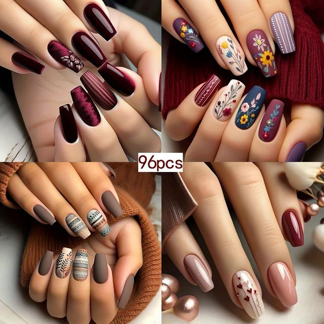 TEMU 96pcs Ballet Coffin Press-on Nails Set, Mixed & , Medium Length, Glossy Finish, Floral & Heart Patterns, With Nail File & Jelly Glue Included For False Nail Tips