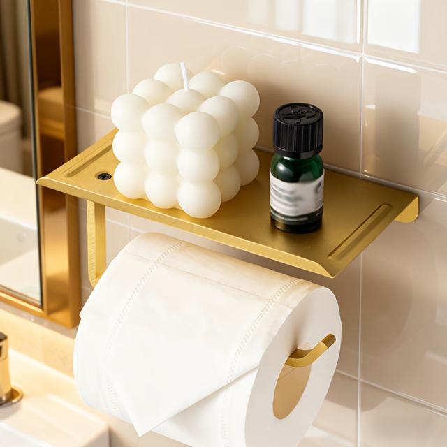 TEMU Alloy Toilet Paper Holder | Minimalist Luxury Bathroom Tissue Box With Built-in Phone Storage Rack, Self-adhesive Wall Hanging, Sandblasted End