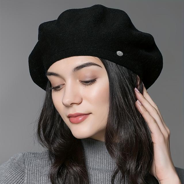 TEMU Women's Winter Knit Wool Beret - Warm Outdoor Christmas Hat With Lightweight Stretch, Stylish Metal Accent