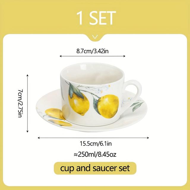 TEMU Set aus 2D-Zitronenmuster-Tasse und Unterteller - 8,45 Unzen, strapazierfähiges Keramikgeschirr für Kaffee und Tee, Frucht-Muster-Heimdekoration, einzigartige Glücksbringer-Geschenke