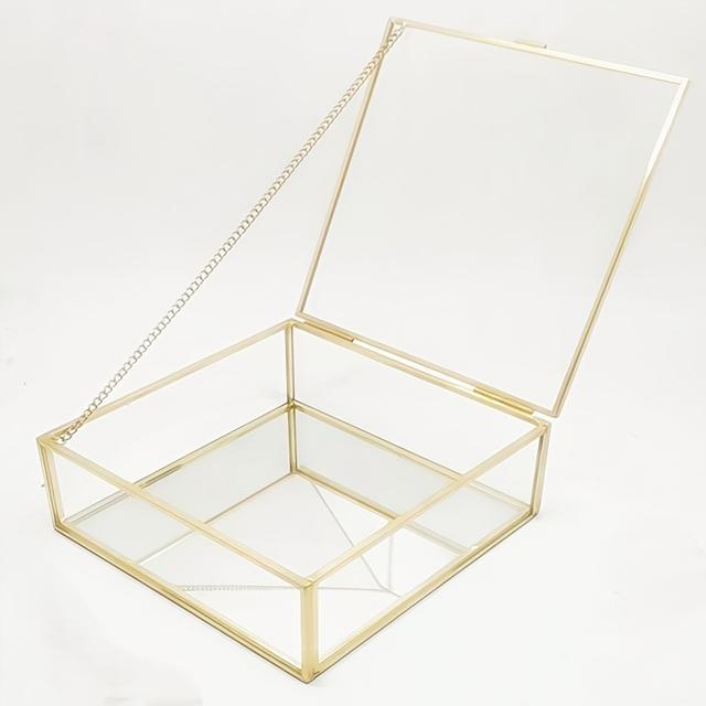 TEMU Qiuyu Elegant Golden-framed Glass Storage Box With Chain - Transparent Rectangular Organizer For Cosmetics, Jewelry, And Skincare Products, Dustproof