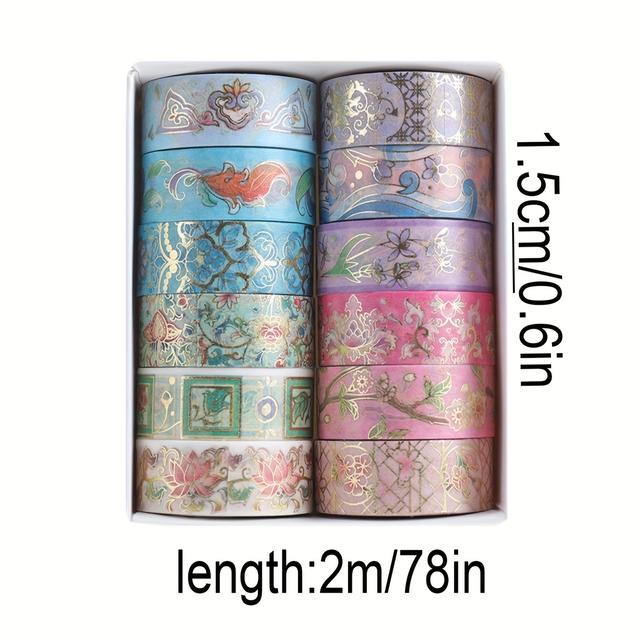 TEMU 12 Rolls Gilded Washi Tape 2m Long 15mm Wide For Handmade Notebook Stickers Diy Material Beauty Pattern Tape