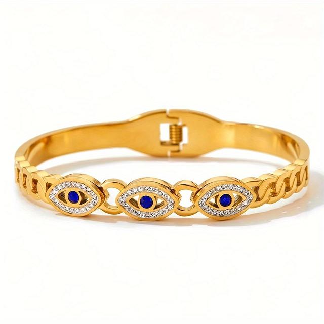 TEMU Senlansp Elegant Urban Fashion Evil Eye Pattern Bangle - 1pc 18k Golden Plated Stainless Steel Cuff Bracelet With Rhinestones For Women - Ideal For Wedding, Party & Gift Occasions