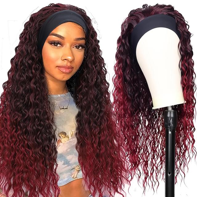 TEMU Ombre Burgundy Deep Wave Headband Wig For Women, Synthetic Long Curly Water Wave, Cap, Cosplay Party Halloween Christmas Hairpiece