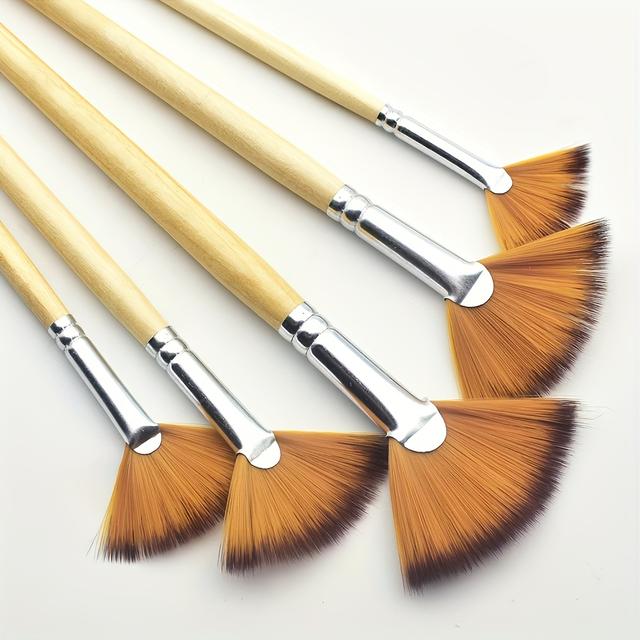 TEMU 5pcs Soft Nylon Bristles Fan Paint Brush Set, Ergonomic Gourd Wooden Handle, For Acrylic, Watercolor, Oil & Gouache Painting, Ideal For Artists, Teachers, Students, Beginners, Art Gift