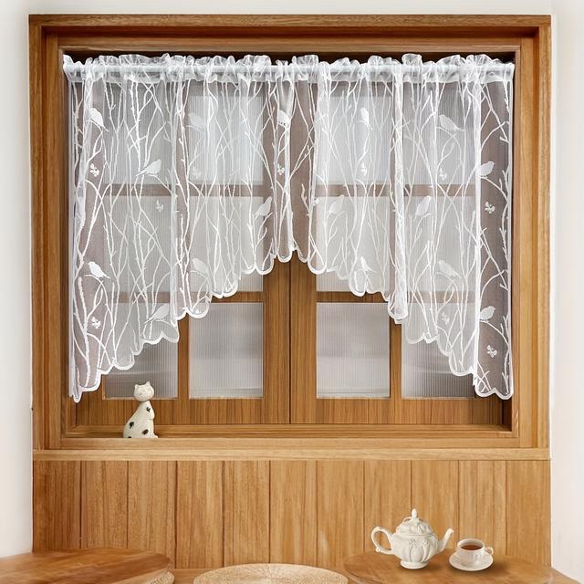 TEMU 1st Myr Spets Fågelmönstrad Kort Gardinpanel, Stångficka Övre , Genomskinlig Silkepolyester Fönster för Kök, Matrum, Dörröppning - Tvättbar, Säsong, Fågeltema