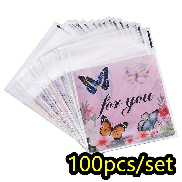 TEMU Zestaw 100 małych torebek prezentowych w stylu bohemy z motywem motyli, wykonanych z klasycznego materiału OPP, z romantycznymi kwiatowymi nadrukami, idealnych do dekoracji na wesela i urodziny