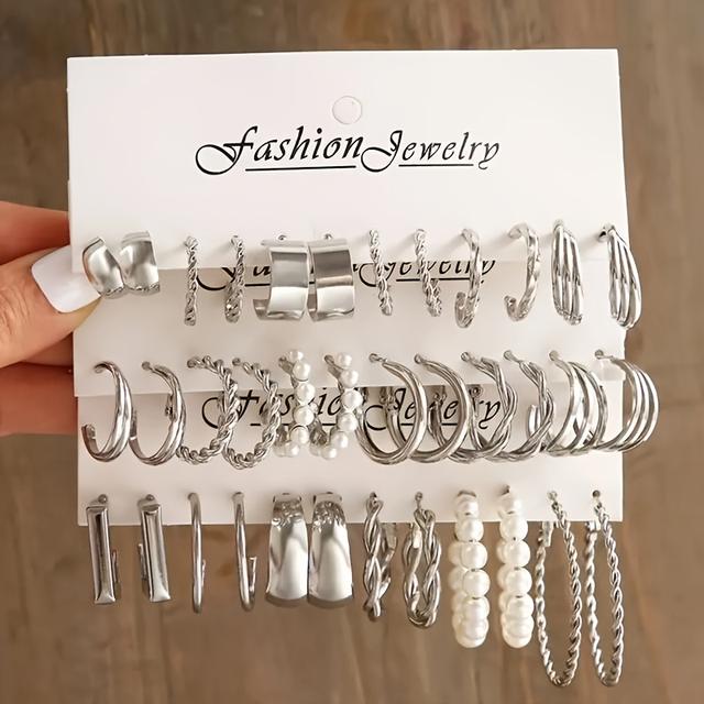 TEMU Chic Minimalist Heart & Square Geometric Earring Set For Women - Vintage Punk Style With Pearl Accents, Alloy - Casual Attire Or Gift