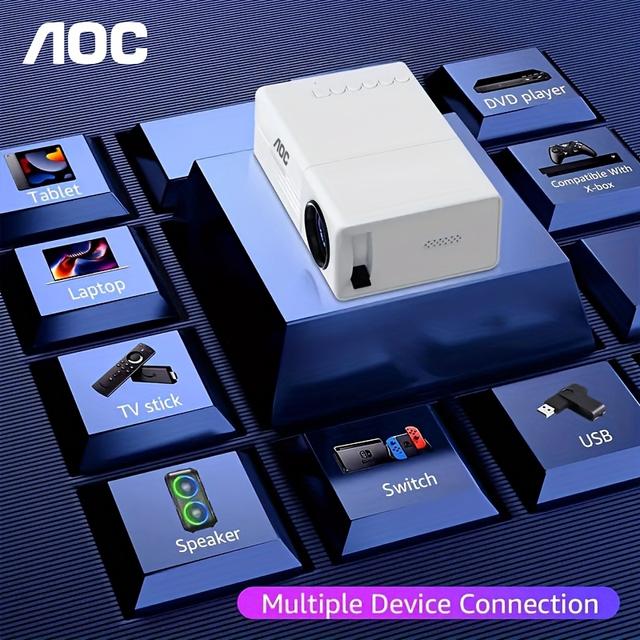 TEMU Aoc Mini White Projector, Suitable For Bedroom Home Theater Projector With Eu Plug, High Definition Portable Movie Projector, Compatible With Tv Stick/ Smartphone/ Ps4/ Usb [remote Included]