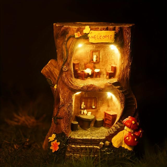 TEMU Solar Lamp Dwarfs Fairy Tree House Outdoor Sculpture, Elf Miniature Building Tree House Sculpture For Outdoor Garden Patio Lawn Path Decoration, 8 Inches Tall