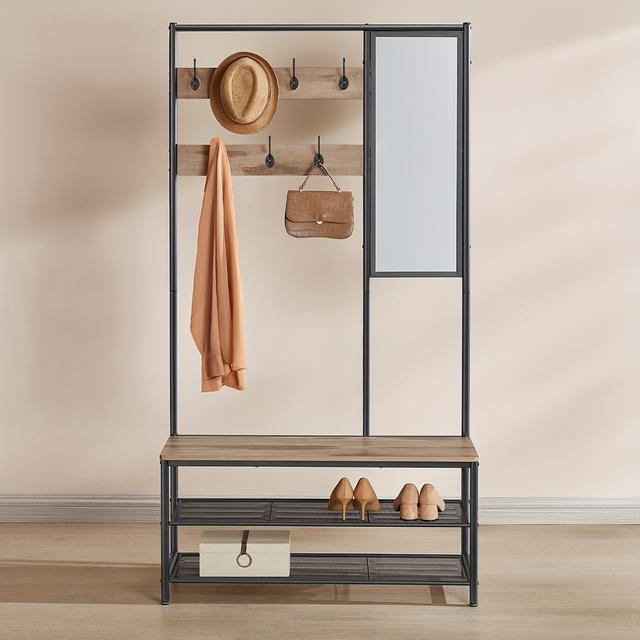 TEMU Porta-Casacos com Armazenamento de Sapatos, Suporte para Casacos com Espelho, Ganchos e Prateleiras, 35 x 98 x 180cm, Corredor Quarto Entrada, Estilo Industrial