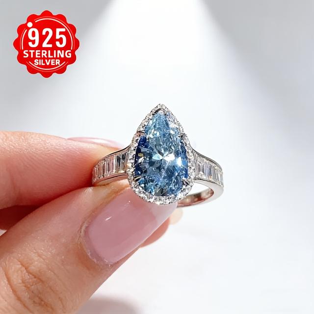 TEMU S925 Sterling Silvery Ocean Blue Teardrop Pear - Shaped Engagement Ring, Sparkling - Like Ring For Proposal, Wedding Anniversary, Valentine's Day Gift, Luxury Banquet Daily Wear