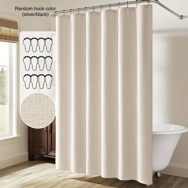 TEMU 1pc Shower Curtain Featuring 12 Metal Hooks, Designed For Modern Bathrooms. This Heavy-duty, Washable Fabric Curtain Is And Made From Thick Material, Suitable For Use In Hotels And Bathtubs