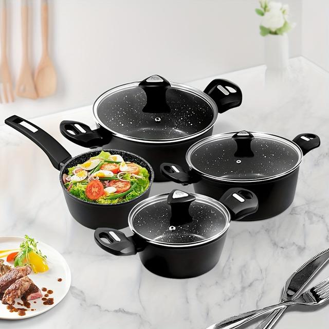 TEMU Nonstick Cookware Set 7pcs, Small Soup Pot Casserole For Home Kitchen, Cooking Pot Compatible With All Stoves Gas Induction, Large Capacity Stock Pot Milk Pot With Lid
