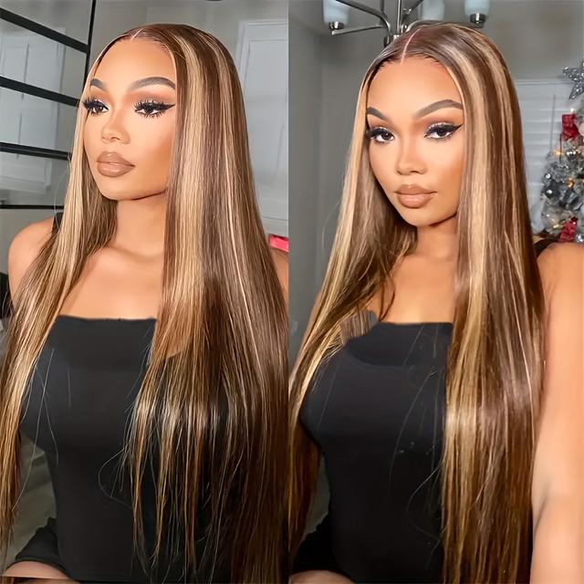 TEMU 13x6 Hd Transparent Lace Front Wig Brazilian Human Hair Honey Blonde Ombre ( Brown To Blonde) - Pre-plucked 250% Density Natural Looking Straight/body Wave Wig With Lace For, P4/27 , No Bulk