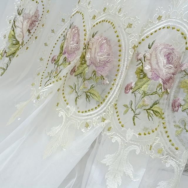 TEMU 1pc Embroidered Curtain Rod Pocket Curtain For Living Room, Bedroom French Flower White Sheer Drapes Home Decor