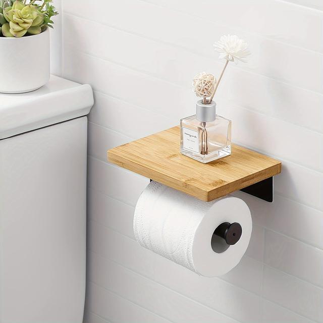 TEMU Wooden Wall-mounted Toilet Paper Holder, Sink Storage Rack, And Phone Stand, Without Drilling