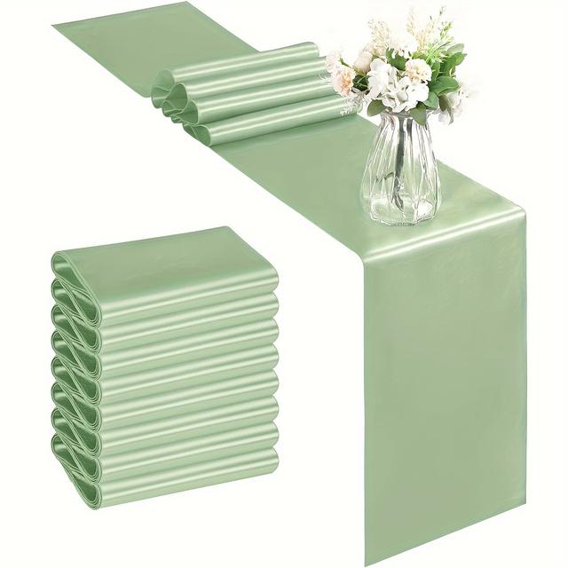 TEMU 8pcs Elegant Sage Green Satin Table Runners, 12x275 Inches - Party Decor, Birthdays, Graduations, And Engagements, Polyester Rectangular Design With Edges