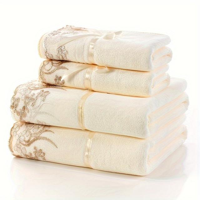 TEMU 4pcs Floral Embroidered Towel Set, Ultra- Towels For Home Use, Towels And Bath Towels, Bathroom Towel Set, Absorbent Bath Towels, 2 Bath Towels And 2 Hand Towels, Bathroom Essentials, Wash Cloths