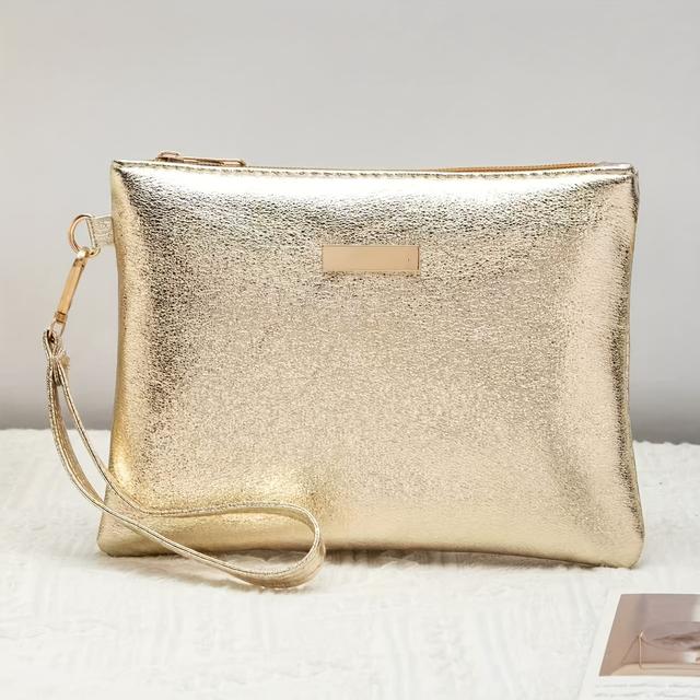 TEMU Women's Handbag, Golden Textured Fabric, Simple Iron Hardware Tag, Fashionable Large Women' Purse And Cosmetic Pouch, Evening Clutch