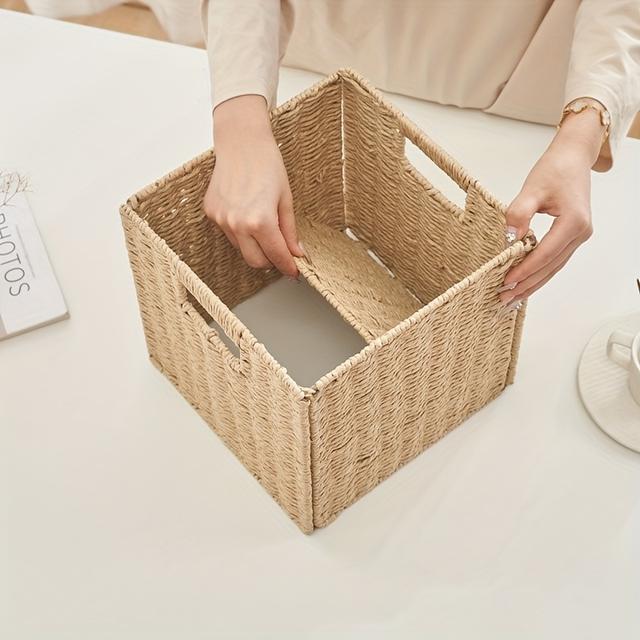 TEMU Panier de rangement en rotin naturel, organisateur en rotin tissé carré pliable avec poignée, décoration intérieure polyvalente pour chambre, salon, étagères, paniers d'étagères