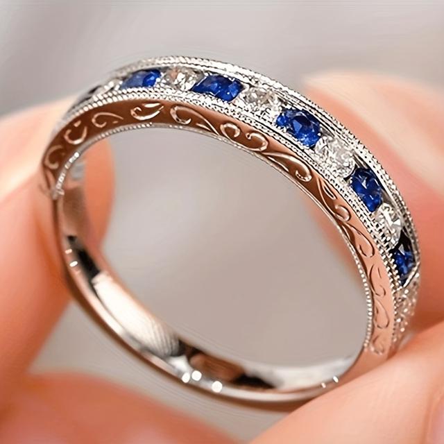 TEMU 1pc Of Women's Fashionable And Unique Ring, Classic Minimalist Single-row Setting With Blue Synthetic Synthetic Zirconia, Suitable For Women And Men For Daily Casual Wear Or Party Fashion