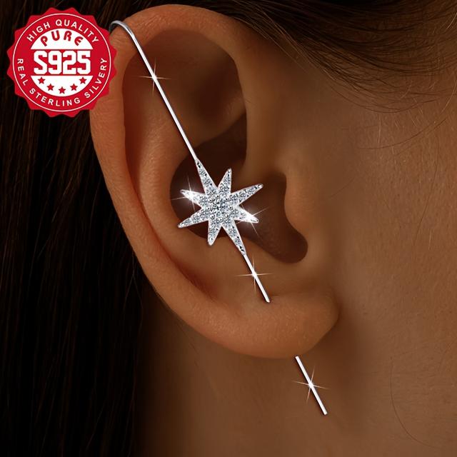 TEMU ., S925 Silber, Gerade Ohrhaken, mit einem Oktagramm-Element, eingelegt mit synthetischem Zirkonia, trendig und einzigartig, geeignet für den , hypoallergen