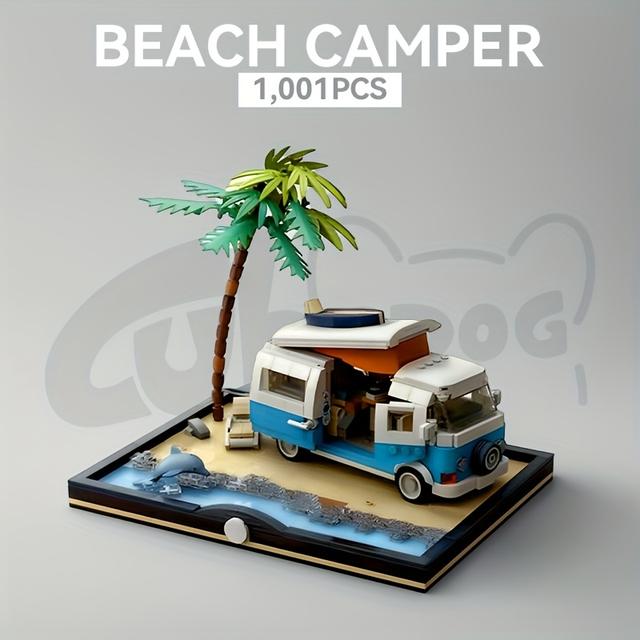 TEMU Beach Camping Rv Building Block Set, Car Miniature Landscape Model Toy, Adult Seaside Scene Building Ornament, 1001pcs