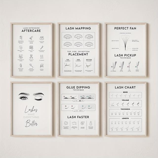 TEMU 6pcs Eyelash Extension Chart Lash Guide Eyelash Extension Poster Lash Room Decor For Kitchen Dining Room Decoration Home Bedroom Wall Decor Gifts Artwork Canvas No Framed