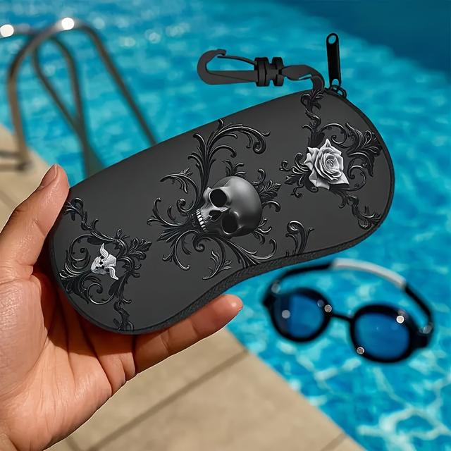 TEMU Estuche para gafas con cremallera y diseño de calavera rosa, hecho de neopreno y portátil, adecuado para varios tipos y tamaños de gafas, tanto para hombres como para mujeres
