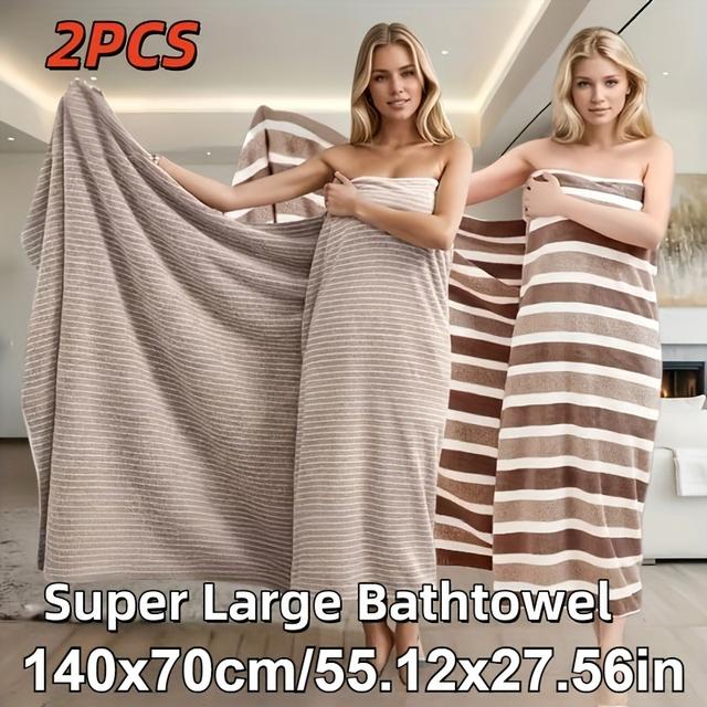 TEMU 2pcs Large Bath Towels | 140x70cm Soft, Absorbent, Quick-dry Microfiber Towels Ideal For Home, Beach, And Outdoor Use | Perfect Thanksgiving Gift | Striped Coastal Theme Decor, Wash Cloths