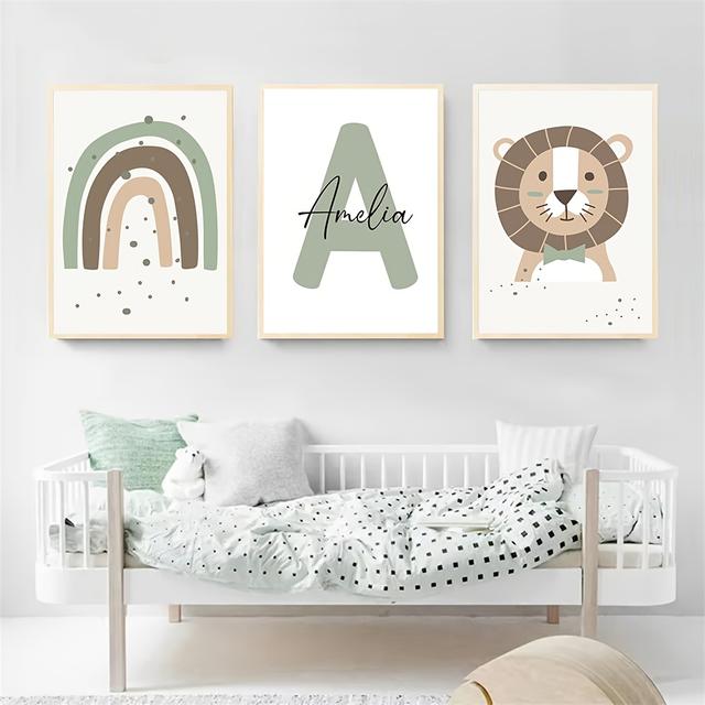 TEMU 3pcs Frameless Custom Name Wall Art Print, Poster, Lion Art, Nursery Canvas Print, Personalized Art Painting, Custom Print, Cartoon Poster, Baby Room, Children's Room, Bedroom, Home Decor
