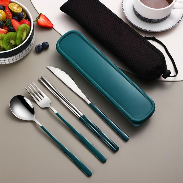 TEMU 4pcs Stainless Steel Cutlery Set With Glossy And Thickened Round Handle Dinner Knife, Chopsticks, Spoons And Forks, Portable Cutlery Box For Students, Outdoor Gatherings And Picnics
