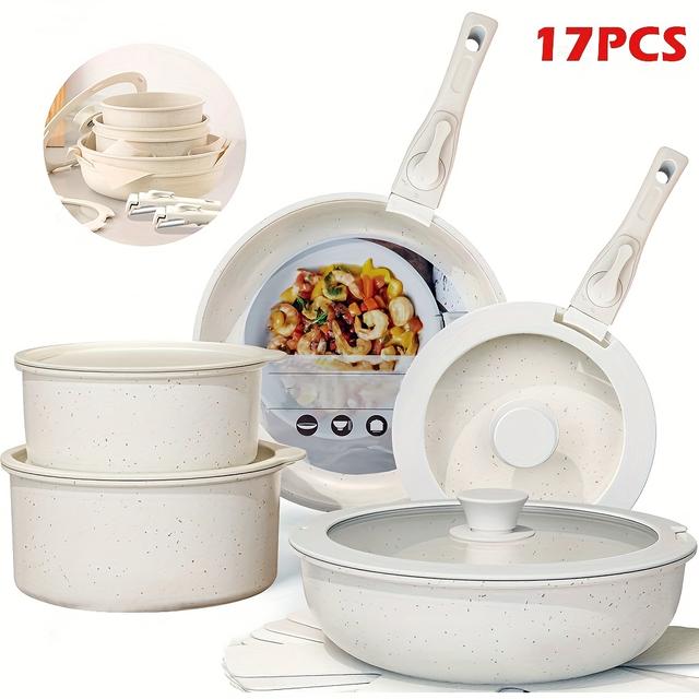 TEMU 17pcs Cookware Set, Pot And Pan Set Cookware Set, Kitchen Cookware Set With Deep Frying Pan Set, Baking Pan And Other Cooking, Non-toxic, Oven And Dishwasher Suitable