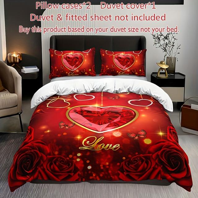 TEMU 3-teiliges Bettwäsche-Set mit rotem Herz, Rosen, Blumen Schmetterlingen (1 Bettbezug + 2 Kissenbezüge, Kissen nicht enthalten), hochauflösender Druck für Zuhause Wohnheim