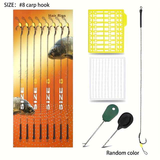 TEMU Set Of 8 Carp Fishing Hair Rigs, Featuring A Braided Line, Carp Leader, 2 Boilie Stoppers, And 2 Needles