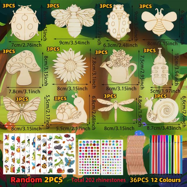TEMU Insect-themed Wooden Crafts For Kids, A Craft Set That Includes 36 Insect Wooden Pieces, 12 Watercolor Pens, 36 Strings, 202 Rhinestones, And 2 Stickers, Perfect For Birthday Crafts