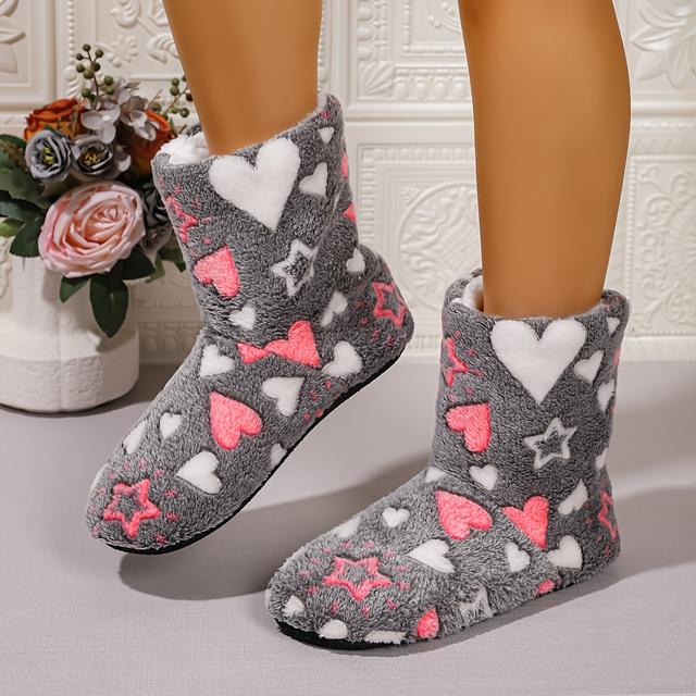 TEMU Women's Star And Heart Print Faux Fur Warm Ankle Boot Slippers; Comfortable, Warm, And Non-slip Mid- Boots, Women Shoes