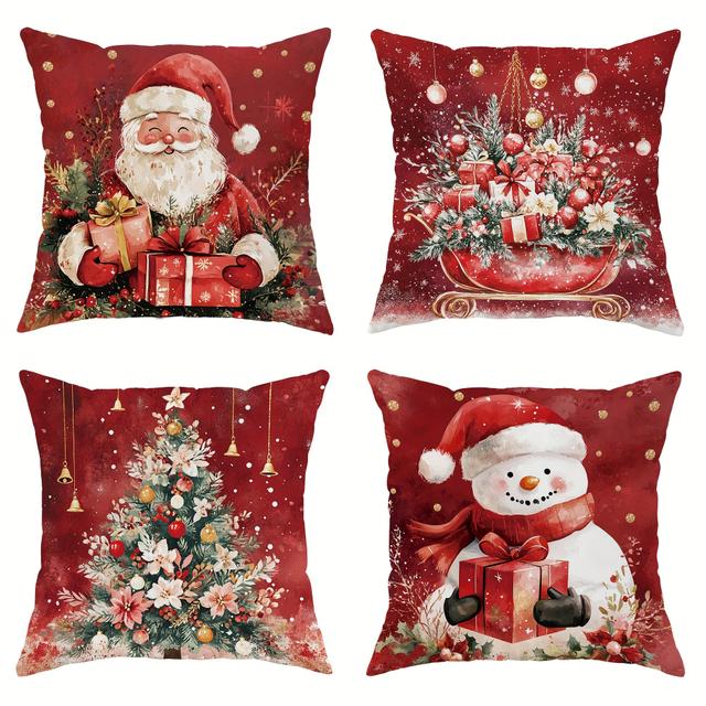 TEMU Festive Christmas Decor: 4 Pcs Santa Claus, Snowman, Poinsettia Tree Velvet Throw Pillow Covers - Single Side Printing, No Inserts Included - Living Room, Bedroom, Sofa, Bed Decor