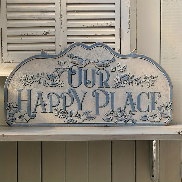 TEMU Antikes blaues Metall-Wandschild "Unser Glücklicher Ort" - 24x12 Zoll Gartenhaus Retro-Blechschild, Vielseitiges Wandschild mit Reliefmuster, Einfache Installation - Deutschsprachig, 1 Stück