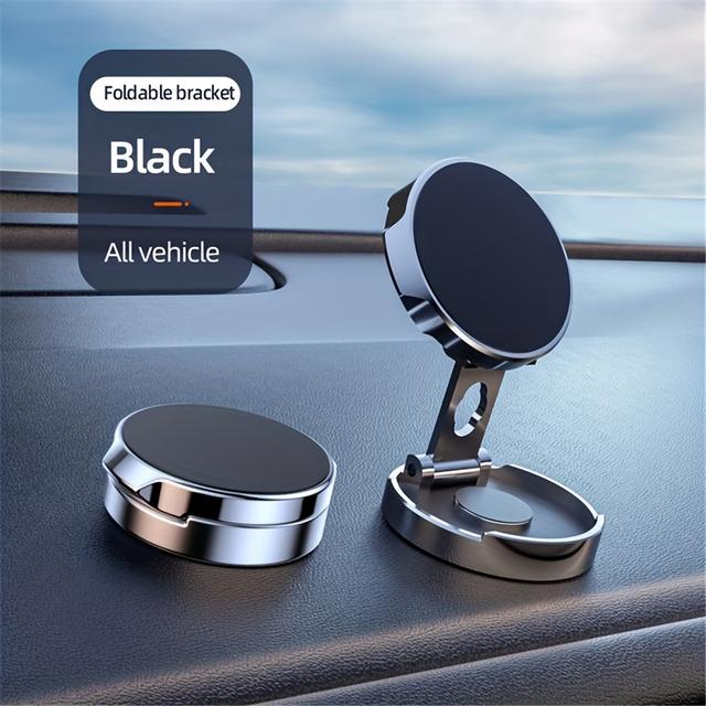 TEMU [360° Rotation Magnetic Phone Holder] Magnetic Car Phone Holder - Sleek Black Aluminum Alloy, 360° Rotation, Foldable & Adjustable Angle For Dashboard Mounting - For Iphone, Gps & All Smartphones